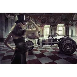 Fototapete PAPERMOON "STEAMPUNK-FRAU SEXY FANTASIE SURREAL KUNST RETRO AUTO", bunt, B:4,00m L:2,60m, Vlies, Tapeten