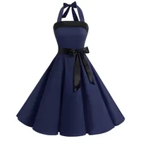 Timormode Damen Vintage Cocktailkleid Knielang Neckholder Swing Retro Rockabilly Kleid XS Marineblau - XS