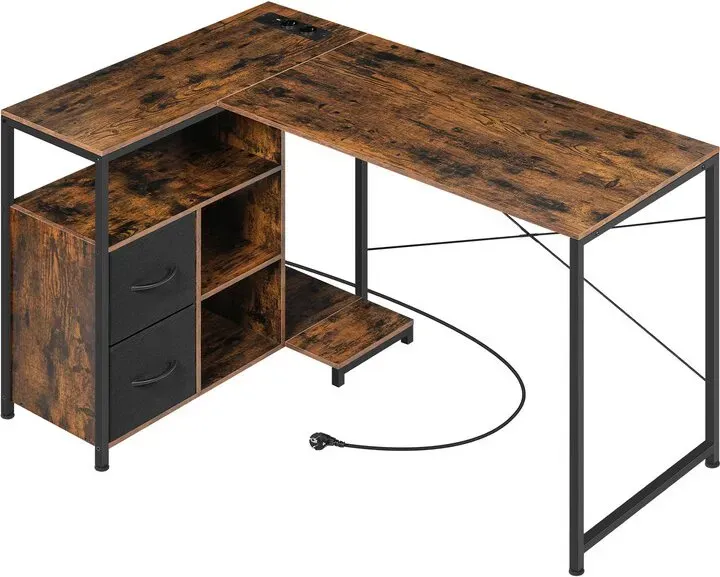 WOLTU Eckschreibtisch mit USB-A/C-Anschlüssen - 120x80x75cm Computertisch + Austauschbares Regal & Stromanschluss, Metallrahmen, Industrie-Retro Braun