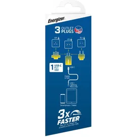 Energizer ENERGIZER, GaN 4A USB-C 20W Netzladegerät mit EU/UK/US Steckdosen, Schwarz / Blau - Bunt