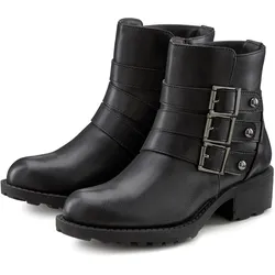 Bikerboots LASCANA, Damen, Gr. 36, schwarz, Obermaterial: 100% Lederimitat. Futter: 100% Textilmaterial. Decksohle: 100% Lederimitat. Laufsohle: 100% Synthetik, unifarben, vintage, modisch, Schuhe, mit robuster Sohle,Zierschnallen,Winterstiefelette, Ankle Boots, VEGAN