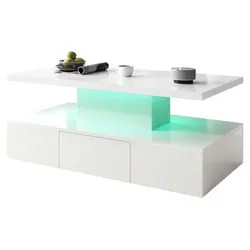 Merax Couchtisch, Tisch mit Schubladen, Hochglanzlackierung, Beistelltisch mit zwei Ablageebenen. Mit LED-Licht, Weiß