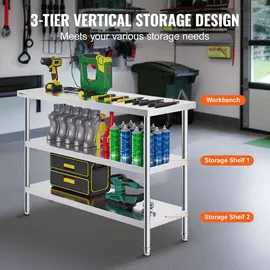 Vevor Lebensmittel-Zubereitungstisch aus Edelstahl, Gewerblicher Küchenarbeitstisch, mit 2 verstellbaren Unterregalen, 457 x 1219 x 864 mm Zubereitungstisch für Grill, Küche, Zuhause