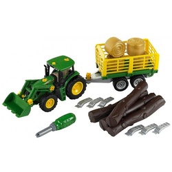 Klein Spielzeug-Traktor John Deere - Traktor mit Holz- und Heuwagen - grün/gelb gelb|grün