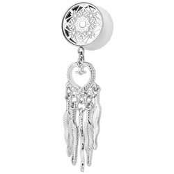 Taffstyle Plug Piercing Vintage Traumfänger Feder Herz Anhänger, Flesh Tunnel Ohr Plug Ohrpiercing Ear Edelstahl Vintage Traumfänger silberfarben 25mm