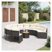 vidaXL Gartensofa mit Tisch und Kissen Rund Schwarz Poly-Rattan