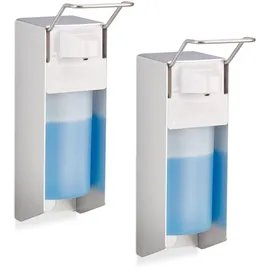 Relaxdays Desinfektionsspender, 2er Set, 500 ml, Eurospender für Desinfektionsmittel & Seife, Wandmontage, silber/weiß