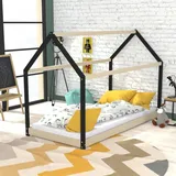 Hausbett PANDA mit Lattenrost / Kinderbett 90x190 + Lattenrost + Matratze IRIS - Natur und Schwarz - Schwarz