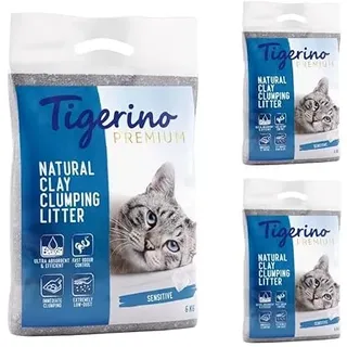Tigerino Premium Katzenstreu, ergiebige Klumpstreu aus Naturton-Granulat: feinkörnig, schnelle und Starke Klumpenbildung, bindet Gerüche (3x6kg, Sensitive)