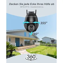 COOAU Überwachungskamera Aussen Solar Akku Kamera Überwachung Außen - 2K PTZ 355°/90° Kabellos WLAN IP Kamera​Outdoor mit Smart Bewegungsmelder | Farbige Nachtsicht | Schwarz