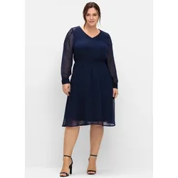 Cocktailkleid SHEEGO "Cocktailkleid", Damen, Gr. 56, Normalgrößen, blau (marine), 100% Polyester, knielang, Langarm, Kleider