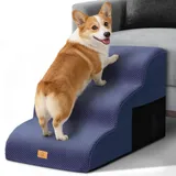 Thihome Hundetreppe 3 Stufen, rutschfeste Haustiertreppe mit 30D-Schaum, abwaschbarer & wasserdichter Cord-Bezug, 40 cm Rampe mit Tasche und Griff für kleine Hunde, Katzen, Blau, bis 23 kg
