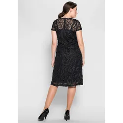 Spitzenkleid SHEEGO "Spitzenkleid", Damen, Gr. 52, Normalgrößen, schwarz, 100% Polyamid, unifarben, knielang, Rundhals, Kurzarm, Kleider
