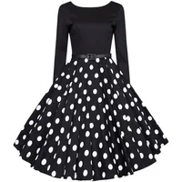 ZongSen 50s Vintage Rockabilly Tupfen Retro Polka Dots Hepburn Stil Nach Dem V-Ausschnitt Mit Langen Ärmeln Kleid Schwingen Cocktailkleid Schwarz M - M(Brustumfang 95CM)