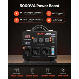 Vevor Spannungswandler-Transformator, 5000 VA, Hochleistungs-Aufwärts-/Abwärtstransformator, 110 V auf 220 V & 220 V auf 110 V, mit 3 US-Steckdosen, 3 EU-Steckdosen, LCD-Display, Schutzschalter