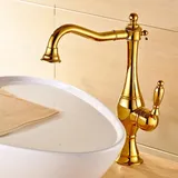 Wasserhahn Bad, Waschtischarmatur Hoch Badarmatur Gold Retro Antik Stil 360° Drehbar Messing Einhebelmischer Mischbatterie, Waschbecken Armatur Wasserhahn Waschbecken