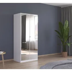 Drehtürenschrank RAUCH "Reflect", weiß (alpinweiß), B:91cm H:197cm T:54cm, Holzwerkstoff, Schränke, mit Spiegelfront, inkl. praktischer Inneneinteilung und Stoffboxen-Set
