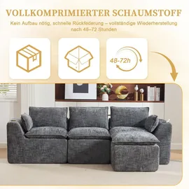 Okwish Dreisitzer Ecksofa mit Hocker, Kissen, Getränkehalter und 2 Seitentaschen, In Chenille Grau