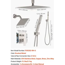 Vevor Duschsystem-Set 10 Zoll Regenduschsystem/6 Zoll Wandmontagekopf/2 in 1 Handbrause gebürstetes Nickel 150