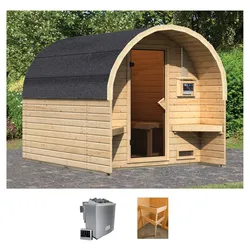 Fasssauna KARIBU "Fasshaus 2", beige (naturbelassen), Bio-Kombiofen, externe Steuerung, 9 kW, Saunen, 9-kW-Bio-Ofen mit externer Steuerung