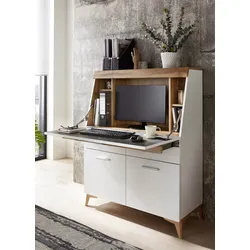 SECRET - Sekretär Weiß mit Eiche Altholz mit Platz für einen Monitor - Weiß