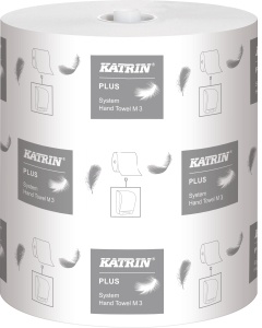 KATRIN Plus System M3 Handtuchrollen Papier, 3-lagig, Hygienische weiße Handtuchpapierrollen für Waschräume in öffentlichen Bereiche, 1 Karton = 6 Rollen à 100 m