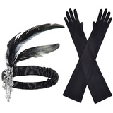 SJBAUTYO 2 Stück 20er Jahre Flapper Stirnband Zubehör Set Vintage Flapper Feder Stirnband Schwarz Lange Handschuhe Feder Stirnband Kostüm Abschlussball Hochzeit Karneval Party 20er Jahre Haarschmuck