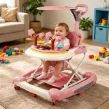 4 in 1 Lauflernhilfe mit Schubstange,Gehfrei, Babywalker Schaukelfunktion mit Musik& Sonnendach,Klappbar Laufhilfe für Baby ab 6 Monate Rosa - Rosa