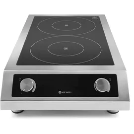 HENDI Induktionskocher, Modell 7000, mit 2 Kochfeldern, Elektronischer Schutz vor Überhitzung, 400V, 7000W, 405x698x(H)145mm, Edelstahl