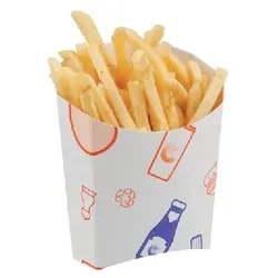 emissimo Produktserie Fastfood aus Pappe “SSUPA SNAX” Pommes-Behälter  - Maße: 85 x 44 mm h 92 mm  1000 Stück