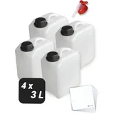 Trevendo 4er-Set Wasserkanister - 3 Liter - Weiß - Kunststoff - BPA-frei - UN-zugelassen - inkl. Auslaufhahn & Schraubverschluss & Beschriftungsetiketten