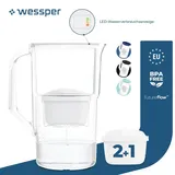 Wessper 2,8 l Wasserfilterkrug mit LED-Zähler Kompatibel mit Brita Maxtra | Set aus 3 Wasserfilterkrug + Wasserfilterkartusche - Weiß - Weiß