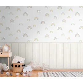 Living Walls "Wallpanel Tapete Wandpaneele Motivtapete Regenbogen Landhaus", weiß (creme,beige,gelb), B:1,59m H:0,02m L:2,8m, Vlies, Tapeten, Vliestapete Kinderzimmer für Schlafzimmer Wohnzimmer Wandpaneele Flur