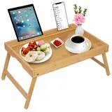 Betttablett mit Griffen, klappbaren Beinen, Bambus, Frühstückstablett mit Handy- und Tablet-Halter, Laptoptisch, Küche, Serviertisch (Bambusfarbe)