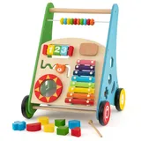 DREAMADE Lauflernwagen Holz, Lauflernhilfe ab 1 Jahr, Baby Gehhilfe mit Spiegel & Spielzeug, Gehfrei Baby Holzspielzeug für Jungen & Mädchen (Modell 3-Blau)