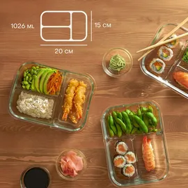 Praknu Meal Prep Boxen Glas 3 Fächer - Glasdosen 2er Set mit Deckel 1000ml - - BPA-Frei - Gefrierschrank & Mikrowellengeeignet