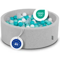 KiddyMoon Bällebad 90X30cm/200 Bälle ∅ 7Cm Bällepool Mit Bunten Bällen Für Babys Kinder Rund, Hellgrau:Helltürkis/Weiß/Transparent/Türkis
