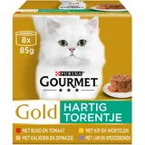 Gourmet Gold herzhafter Turm Katzenfutter, Nassfutter mit Rind und Tomate, Huhn und Karotten, Truthahn und Spinat, Truthahn und grüne Bohnen - 8x85g - 6er Karton (48 Dosen; 4,08kg)