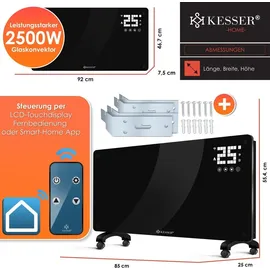 Kesser KESSER® Glaskonvektor Glasheizung Elektroheizkörper APP WiFi Funktion Inkl. Fernbedienung Elektroheizung Stand- oder Wand Heizung Heizkörper Touchscreen ? LCD-Display ? Timer 2500 Watt