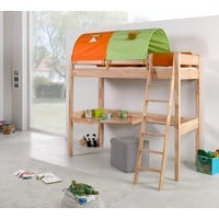 Natur24 Kinderbett Hochbett Renate Buche Massiv Natur lackiert mit Schreibtisch und Textilset braun