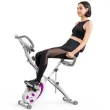 leikefitness Fahrradtrainer, Klappbar Heimtrainer Fitnessfahrrad, Multifunktionale Ergometer Fitnessgerät Sportgerät Zuhause mit 12-Stufiger Widerstand, Pulsmesser, Zugbänder, für Cardio (lila)