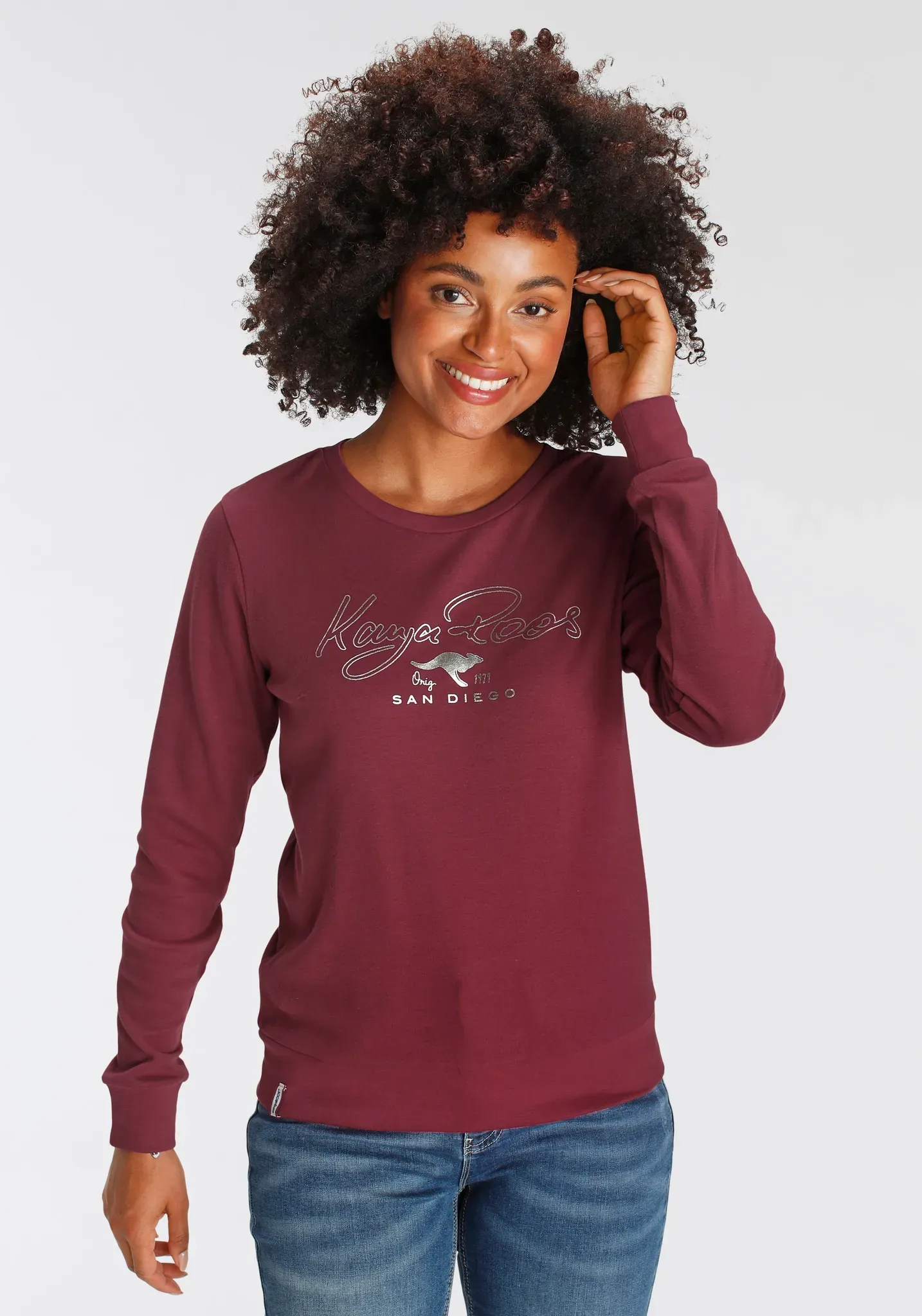 Sweatshirt KANGAROOS, Damen, Gr. 32/34, rot (dunkel rot), Interlock, Obermaterial: 100% Baumwolle, bedruckt, kontrastfarbene Details, unifarben mit Farbeinsatz, figurumspielend hüftbedeckend, Rundhals, Rippbündchen, Sweatshirts Sweatshirt, Langarm, figurumspielende Passform