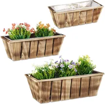 Relaxdays Blumenkasten 3er Set, Pflanzkästen in 3 Größen, geflammtes Holz, Pflanzgefäße mit Folie, innen & außen, braun