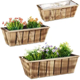 Relaxdays Blumenkasten 3er Set, Pflanzkästen in 3 Größen, geflammtes Holz, Pflanzgefäße mit Folie, innen & außen, braun
