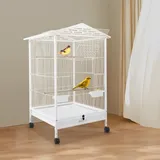 AQIFAND Großer Vogelkäfig mit Rollen, Metallkäfig für mittlere Vögel Mit Futterstation & Sitzstangen 4 Lenkrollen (2 Bremsen) 46x46x86cm Ideal für Wellensittiche & Nymphensittiche (Weiß)