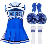 Haozozo Cheerleader Kostüm Kinder, Cheerleader Kostüm Mädchen Karneval Kostüm Kinder Faschingskostüme Kinder Mädchen mit Kleid Stirnband Pompons und Strümpfe - 120