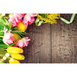 Fototapete PAPERMOON "HOLZ-WAND-BLUMEN DEKOR TULPEN MIMOSEN ABSTRAKT FANTASIE", bunt, B:4,00m L:2,60m, Vlies, Tapeten