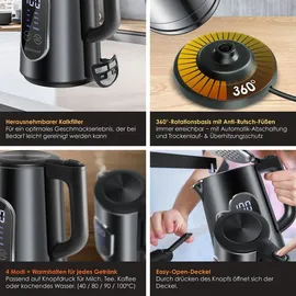 Kesser KESSER® Wasserkocher Edelstahl 1.7 Liter LED-Anzeige 4-Modi Temperatureinstellung 40°C-100°C 30min Warmhalten elektrischer Teekocher 2200W BPA-Frei Kalkfilter | Easy-Open-Deckel