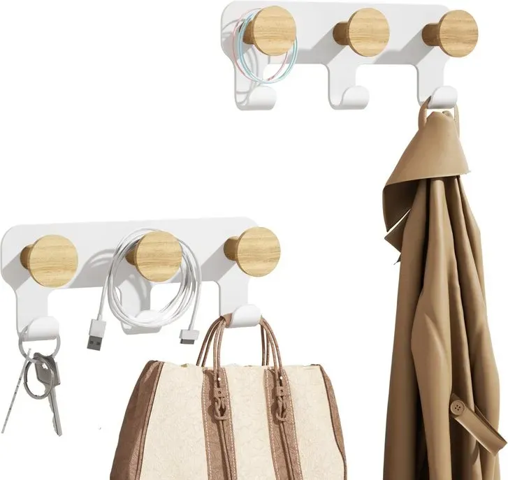 kapanou Doppelte Garderobe mit Haken, 2er-Set, 6 Haken, Schwerlastige Metall-Wandhaken mit rustikalem Holzkleiderbügel für Handtücher, Hüte, Rucksack, Heimdekoration, Haken für Tür, Badezimmer, Schlafzimmer, Eingangsbereich (Holzbraun / Weiß), Neujahrsverkauf, Top-Geschenkideen