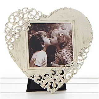 "BelAya E“ Vintage-Rahmen aus antiker cremefarbener Spitze in Herzform, 15 cm x 20 cm. EIN romantischer Herz-Bilderrahmen im Shabby-Chic-Stil.